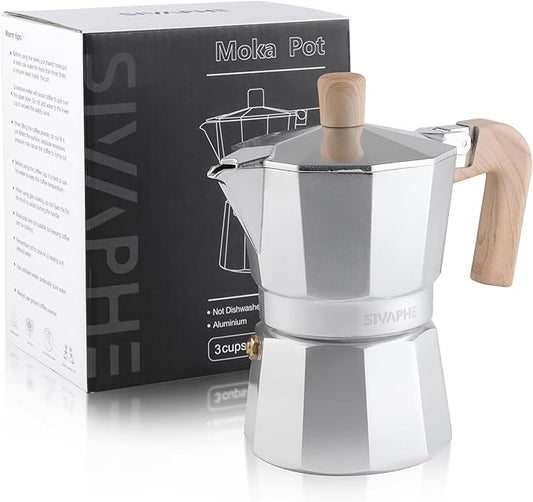 Sivaphe Aluminum Moka Pot 3 Espresso Cups, Percolator Espresso and Coffee Maker, Portable Stovetop Italian and Cuban Cafì±?Brewer for Home and Camping Sliver