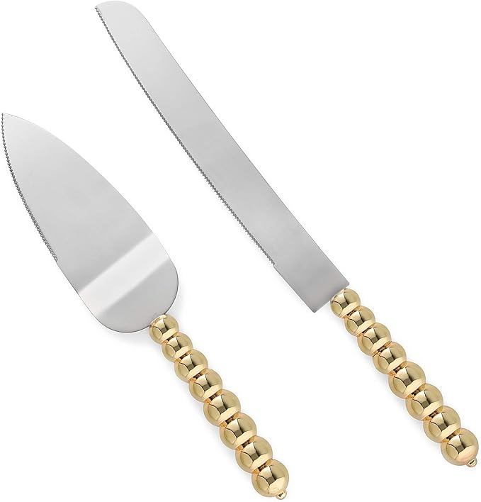 Homi styles wedding cake knife and server set | Elegant Gold Color With Beaded Handles & Premium 420 Stainless Steel Blades | Cake & Pie Serving Set For Wedding Cake,cake cutter Gift