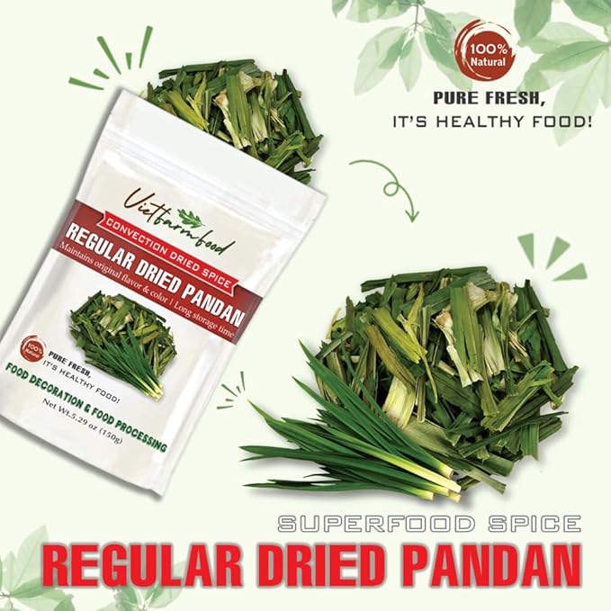 REGULAR DRIED PANDAN 5.29 Oz (150g) VIETFARMFOOD: Natural pure, convection dried seasoning made from real vegetables - perfect for adding flavor to any meal, from cooking, baking, salad, soups, sauces