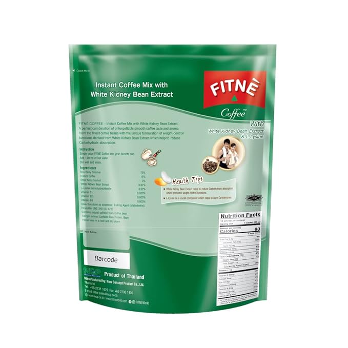 FITNE Instant 3 In 1 Coffee Packets Mix With White Kidney Bean Extract L-Lysine Vitamin B1 B2 B6 Smooth Blend No Sugar Sucralose Sweetener, 10 Sticks