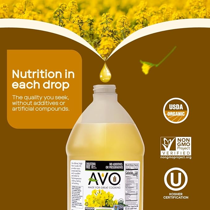 AVO ORGANIC CANOLA Oil Frying, Baking, Non-stick Saut챕ing, Salads, Vinaigrette, Marinades, Pan Coating, General Cooking 64 Fl-oz (Half a Gallon), NO preservatives added, Naturally Processed