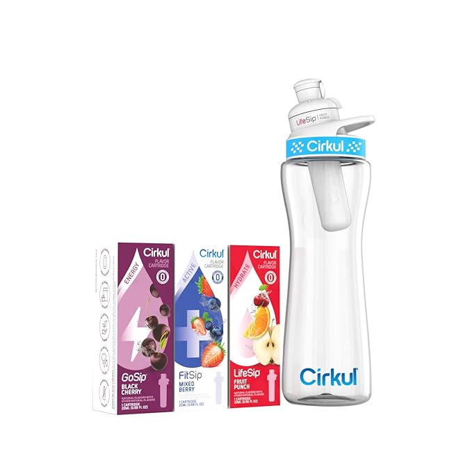 Cirkul 22oz. BPA-Free Plastic Water Bottle Starter Kit with Blue Lid, 3 Flavor Cartridges (1 LifeSip Fruit Punch, 1 FitSip Mixed Berry, 1 GoSip Black Cherry) Zero Calories and No Sugar