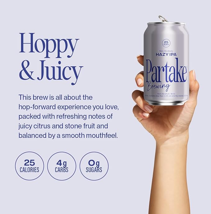 Partake Brewing Craft Non Alcoholic Beer, Hazy 12 Pack x 12 Fl Oz Cans - Low Calorie & Carb, No Sugar, All Natural Ingredients - Award-Winning Taste, Non Alcoholic Beer Without the Empty Calories