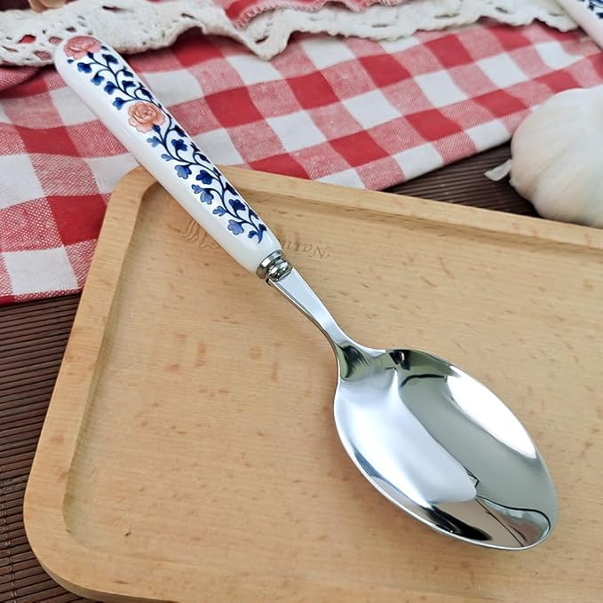 20cm 8inch Dinner Spoon 18-10 Stainless Steel Mirror Smooth Polished Ceramic Handle,Peony Pastoral Whisper Style Table Spoons, SUS304 Soup Spoon (3 PCS Spoons-Peony)
