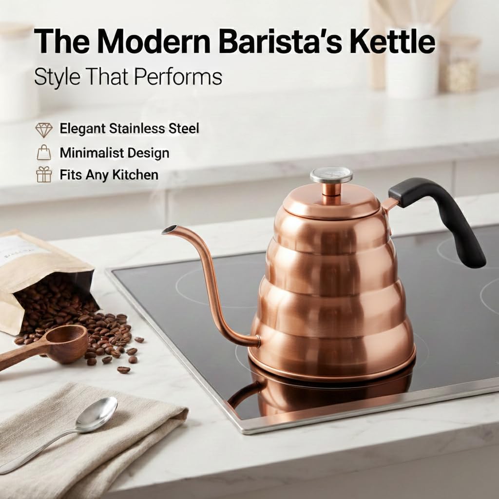 Barista Warrior Gooseneck Kettle with Thermometer - 1.2L Pour Over Coffee & Tea Kettle, Copper