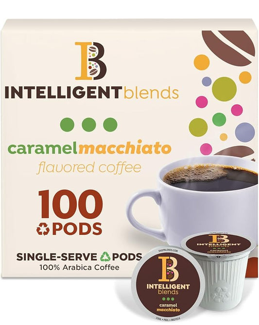 Intelligent Blends Caramel Macchiato Flavored Coffee Pods, 100 ct, Medium Roast Recyclable Single Serve Pods – 100% Arabica Coffee, Compatible with Keurig K Cups Maker