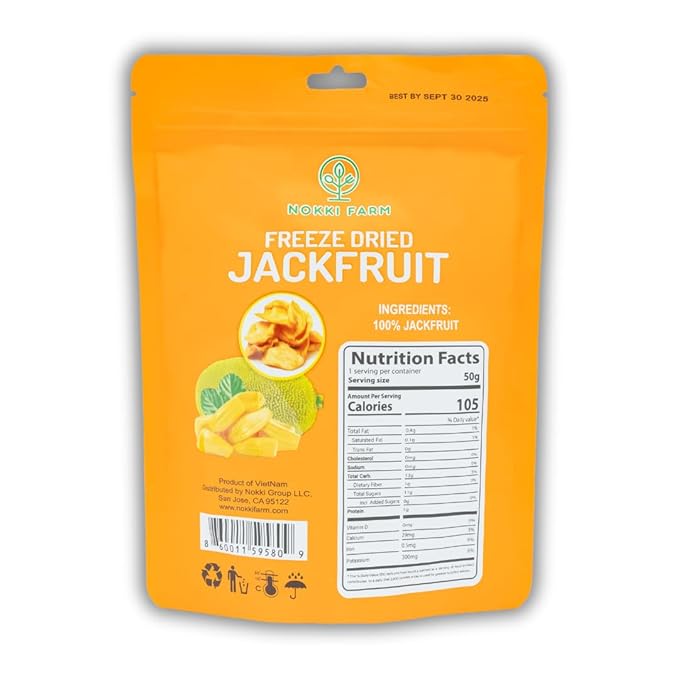 NOKKI FARM Freeze Dried Jackfruit - Healthy & Exotic Tropical Superfood Snacks, No Added Sugar or Preservatives, Kid-Approved, Shelf-Stable & Portable for On-The-Go Snacking - 1.76 Oz