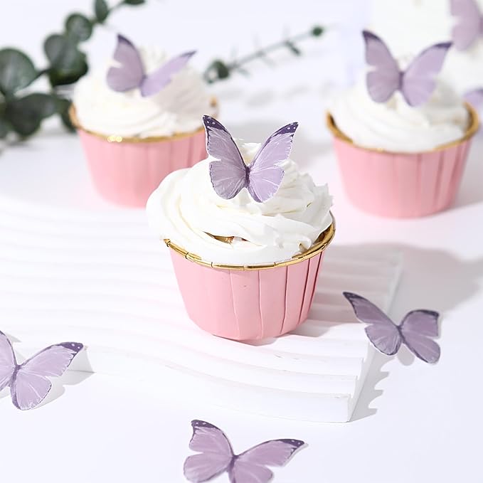 THJ Butterfly Cupcake Toppers 48Pcs Purple Edible Butterflies Cake Toppers Wafer Paper Butterflies for Birthday Party Wedding Anniversary Cupcake Cake Decorations Supplies