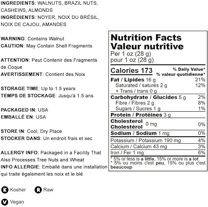 Food to Live - Mixed Raw Nuts, 8 Ounces Cashews, Brazil Nuts, Walnuts, Almonds, Unsalted, Raw, Kosher, Vegan, Bulk