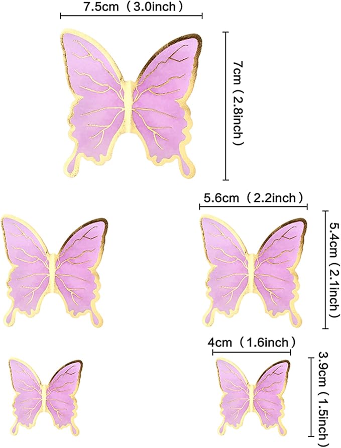 30PCS Butterfly Cake Toppers 3D Purple Gold Butterfly Cupcake Toppers Birthday Party Cake Decorations Supplies for Anniversary Wedding Party Baby Shower Wall Decor