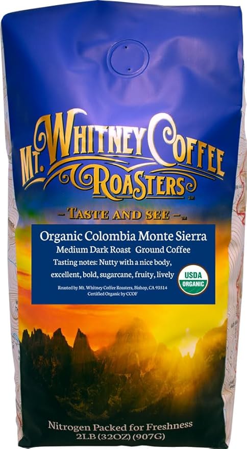 Mt. Whitney Colombia Monte Sierra Organic, Single Origin, Medium Dark Roast, Smooth Full Flavored