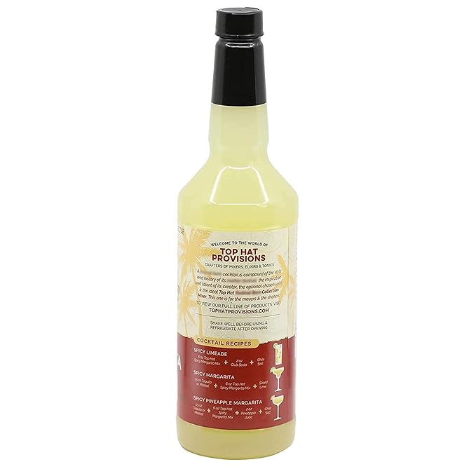 Top Hat Spicy Margarita Drink Mix - Handcrafted with 3 Chiles, Pineapple, Organic Agave Nectar & Organic Lime Juice - Low Calorie/Low Sugar - 32oz Bottle
