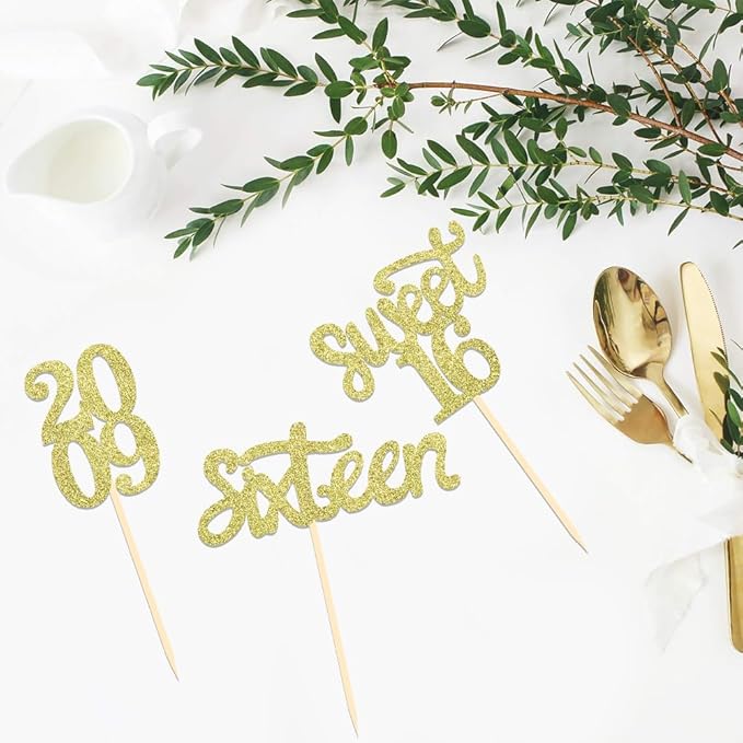 24 Pcs Sweet 16 Gold Glitter Birthday Cupcake Toppers for 16th Birthday Celebrating Party Decorations (Gold)