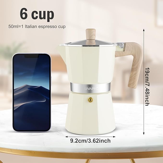 Sivaphe Aluminum Moka Pot 6 Espresso Cups, Percolator Espresso and Coffee Maker, Portable Stovetop Italian and Cuban Cafì±?Brewer for Home and Camping White