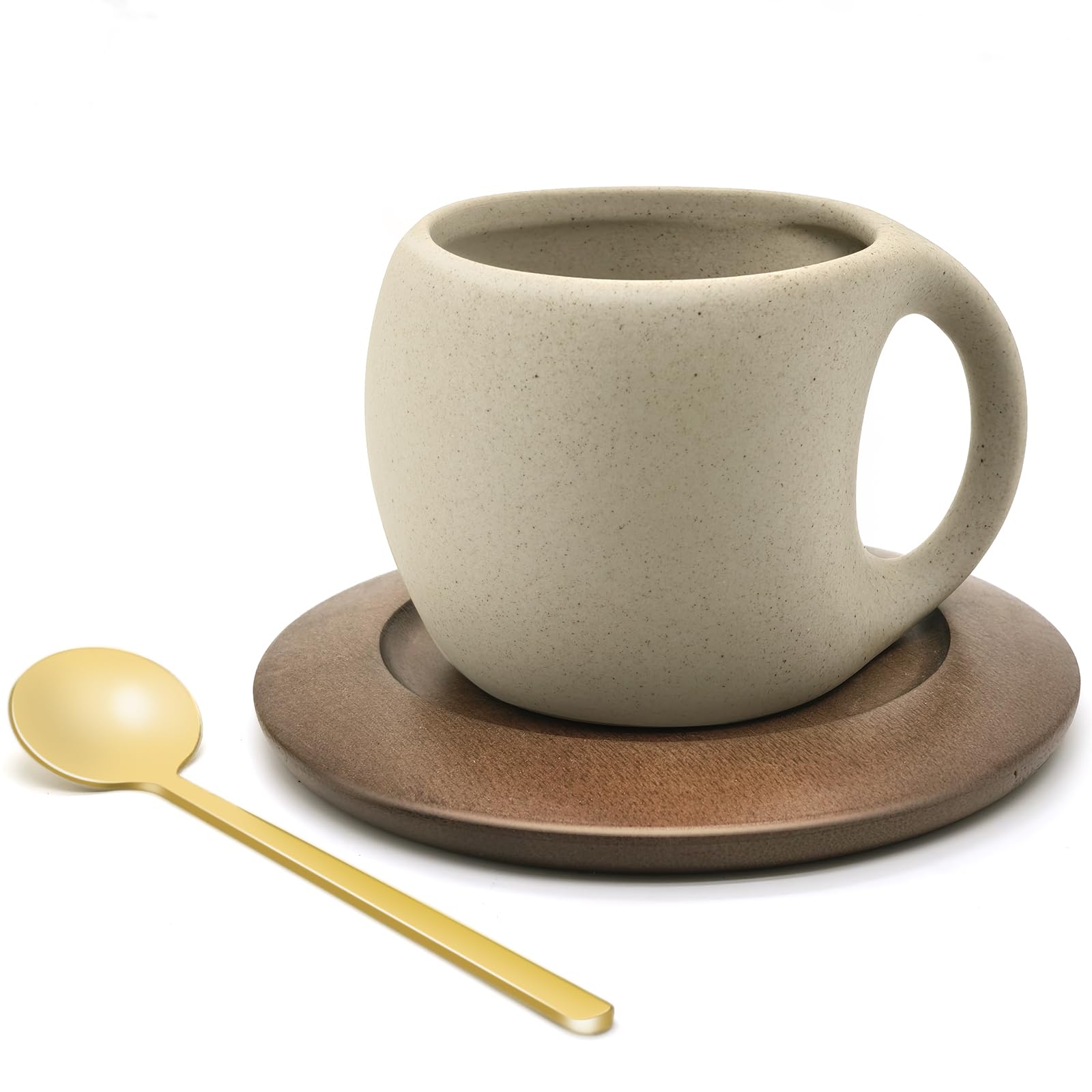 Ceramic Coffee Mug Set with Natural Wood Saucer & Spoon - 8.5 Oz Elegant Tea Cups for Latte, Hot