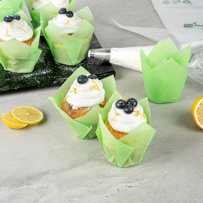 Restaurantware Panificio Premium 4 oz Green Paper Tulip Baking Cup: Paper Baking Cups Perfect for Muffins Cupcakes or Mini Snacks - Greaseproof - Disposable and Recyclable - 200ct Box