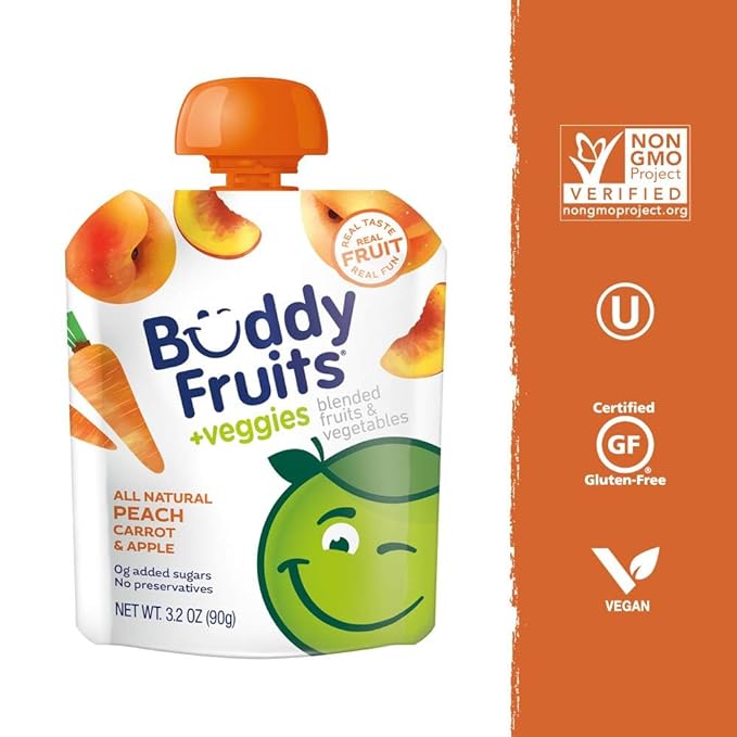 Buddy Fruits & Veggies Snacks To Go Peach Carrot Unsweetened Applesauce 3.2oz Pouch (18pk) Gluten-Nut-Dairy-Preservatives-BPA Free, Non GMO, Kosher