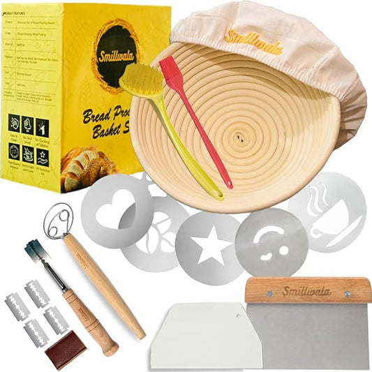 Round Banneton Bread Proofing Basket with Linen Liner, 9??Bread Basket with 6 Essential Bread Making Tools ??Natural Rattan Sourdough Banneton Basket Kit for Baking Enthusiasts