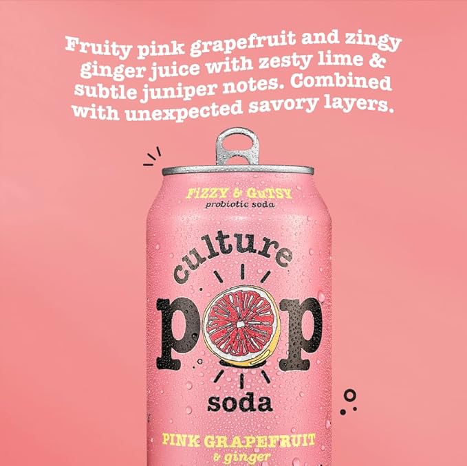 Culture Pop Soda, Pink Grapefruit & Ginger, Probiotic Low Sugar Soda, Sparkling Juice Alternative, Non-GMO, Kosher, Gluten-Free, No Stevia (12pk)