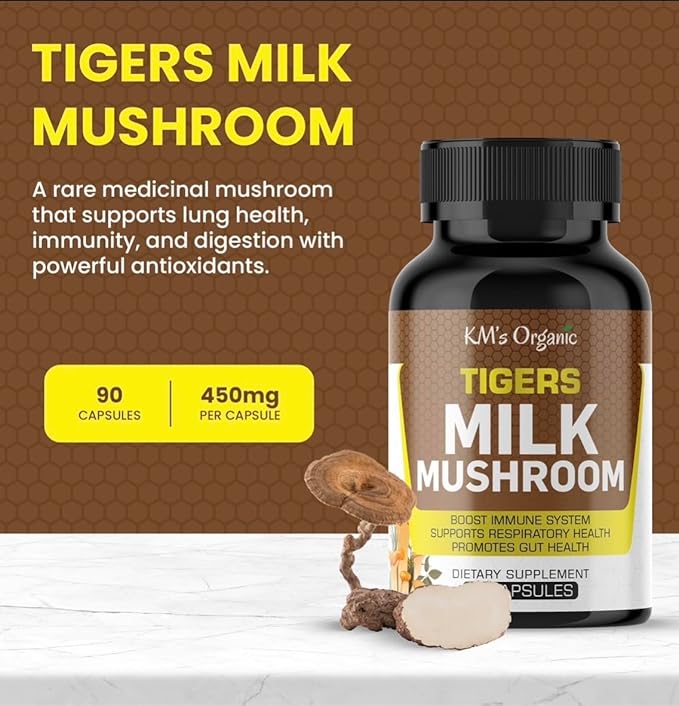 KM's Organic Tiger?™s Milk Mushroom Supplement 10:1 Extract (Lignosus Rhinocerus) ??Respiratory & Immune Support, Gut Health ??450 mg, 90 Vegan Capsules