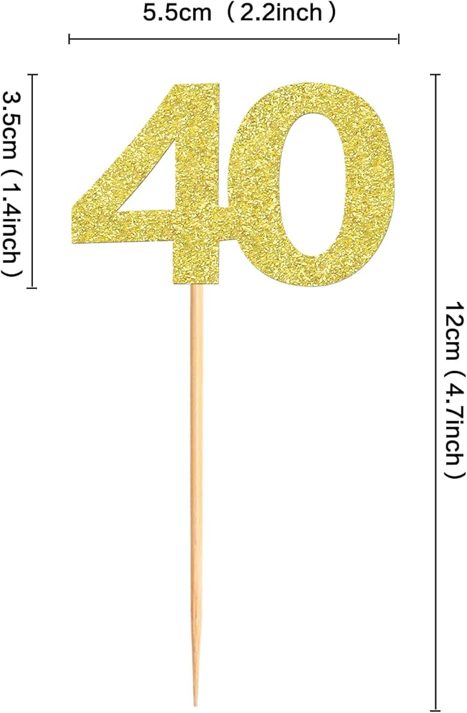 24PCS Gold Glitter 40th Birthday Cupcake Toppers Number 40 Birthday Celebrating Cake Decorations Supplies for Anniversary Party