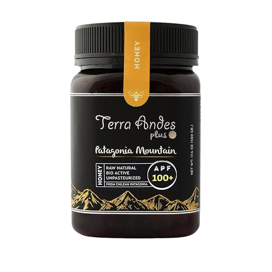 Patagonia Mountain Honey APF 200+ by TERRA ANDES PLUS | Raw natural organic honey. Highest bioactive grade. Made in Chilean Patagonia. 100% pure. NON Gmo. Awarded worldwide. Unfiltered Honey, 17.6 oz