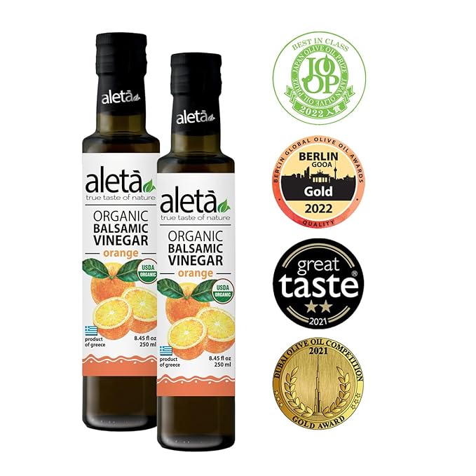 Aleta Farms Balsamic Vinegar, Greek Organic Orange Infused Aged Balsamic Vinegar, USDA Organic, Perfect for Salad Dressings, Pasta, Desserts & Cocktails, Glass Bottle, 8.45 fl oz (Orange)