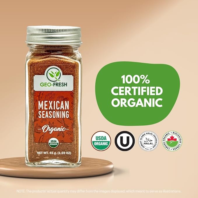 Geo-Fresh Organic Mexican Seasoning, 1.59 oz (45g), Taco Seasoning, Non-GMO, Kosher, 100% Organic Herbs, Chilli Powder, Onion Powder, Black Pepper, Cumin, Oregano, Garlic, Sugar, and Salt, USDA Certified