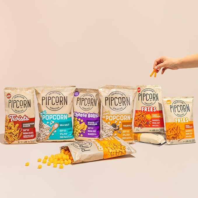 Heirloom Baked Cheddar Fries by Pipcorn - 5oz 6pk - Healthy Snacks, Gluten Free Snacks, Non-GMO, Upcycled Heirloom Corn Flour, Vegan, Baked Not Fried Snacks