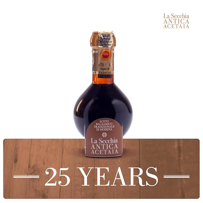 La Secchia Balsamic Vinegar of Modena, Aged a minimum 25 Years,100 ml Bottle of Italian Balsamic Vinegar Aged, With Gift Box and Blown Glass Dispenser, "Extra Vecchio??,<div>