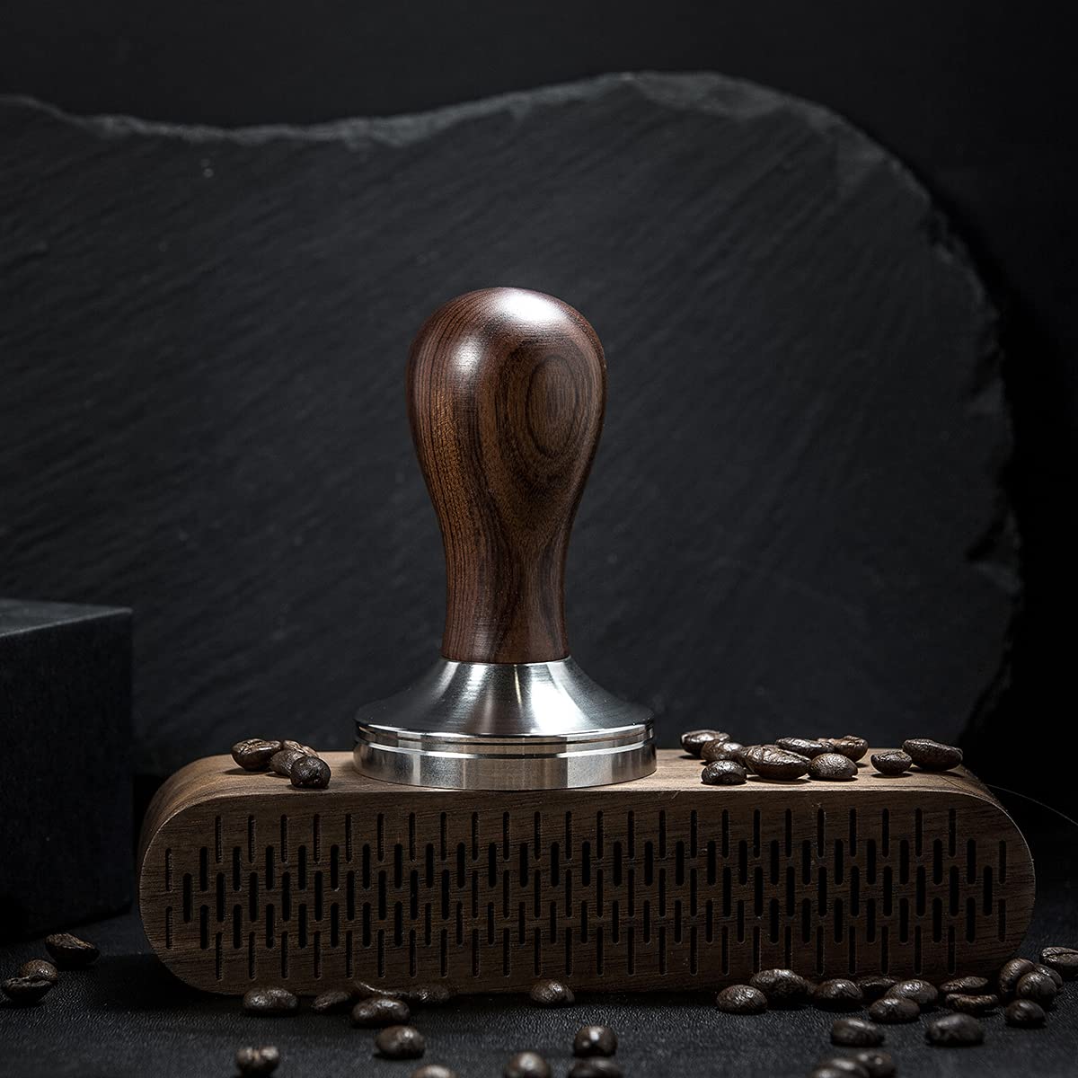 USEAMIE Coffee Tamper Espresso Press with Tamper Mat 304 Stainless Steel Flat Base Wooden Handle