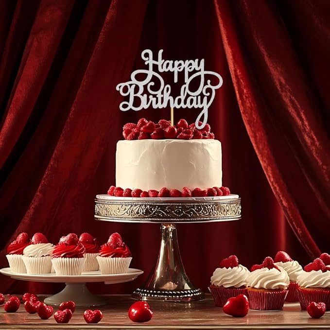 1 PCS Happy Birthday Cake Topper Glitter Silver Celebration Cake Picks Happy Birthday Decorations for Anniversary Birthday Party Decorations