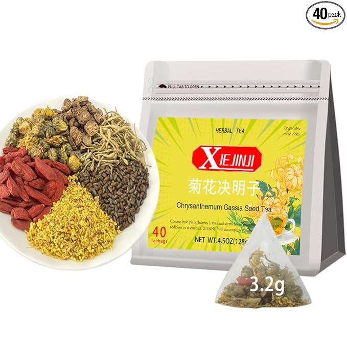 XIEJINJI Chrysanthemum Cassia Seed Tea Bags, 40 Count, Burdock Root, Goji Berry, Honeysuckle, Osmanthus Combination Herbal Tea, Eco-Conscious Packaging