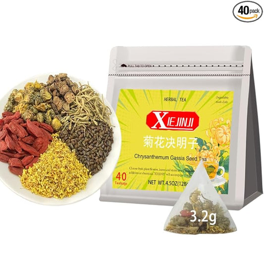 XIEJINJI Chrysanthemum Cassia Seed Tea Bags, 40 Count, Burdock Root, Goji Berry, Honeysuckle, Osmanthus Combination Herbal Tea, Eco-Conscious Packaging