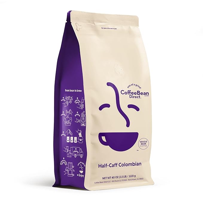 Coffee Bean Direct Half-Caff Colombian, Whole Bean Coffee, Light Roast, 2.5 Pound Bag (Pack of 1)