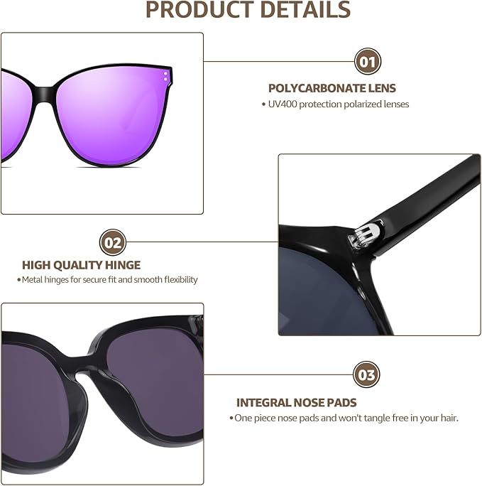 LVIOE Oversized Polarized Sunglasses for Women Trendy Large Cat Eye UV Protection Shade LS1627s