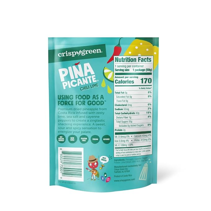 Crispy Green Pi챰a Picante, Chili Lime Dried Pineapple, Healthy Real Fruit Snacks, 1.76 Ounce, 12 Single Serve Bags