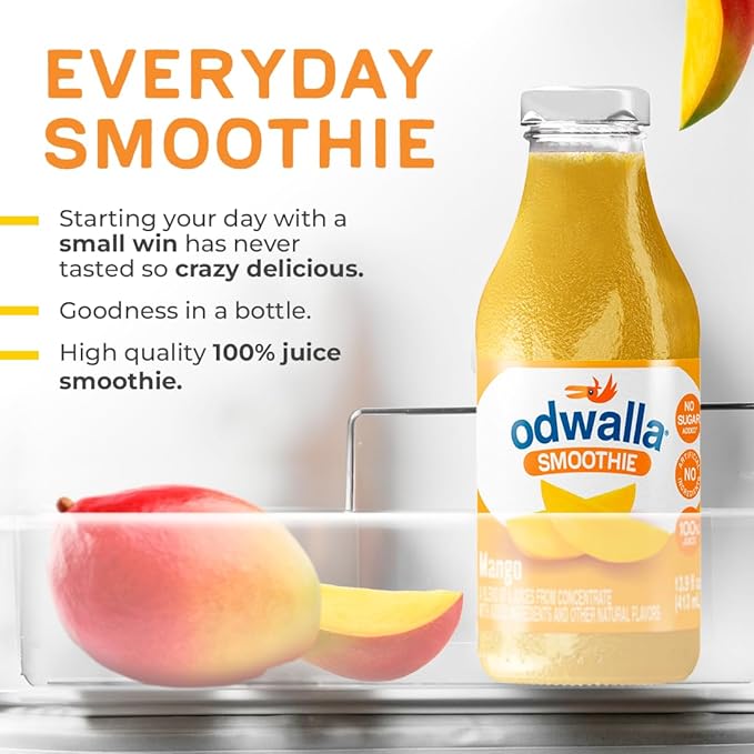 Odwalla Mango Smoothie - Fruit Smoothie Mix Ready to Drink - Juice Blend, No Added Sugar, No Preservatives, Kosher - 13.9 oz Glass Bottles (12 Pack)