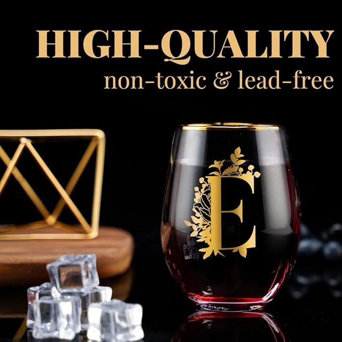 Onebttl Unique Stemless Wine Glasses, Initial Wine Cup for Red or White Wine - 18oz, Monogrammed, Gold - for Women, Girls, Female, Her, Friends, Coworkers, Clients - for Birthday, Christmas