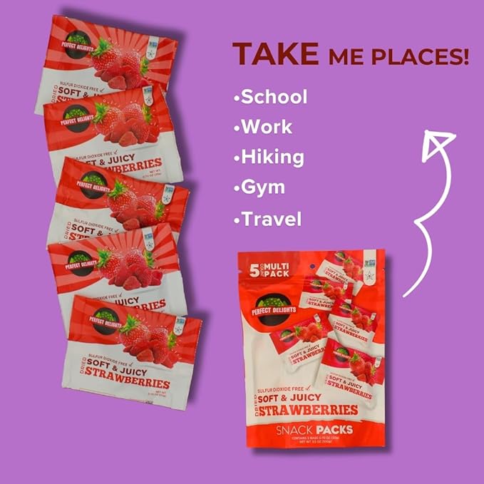 Perfect Delights Snack Pack Strawberries, Sun-Dried Strawberries, On-the-Go Vegan, Healthy Snack, Easy-to-Carry Dried Strawberries, Perfect for Kids & Adults - 5 Pack