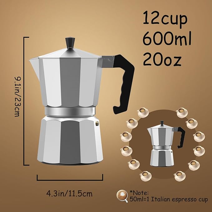 12 CUP Silver Moka Pot Stovetop Espresso Maker Italian Classic Cafe Percolator Maker for Home Camping Travel Use (SILVER,12cup/600ml/20oz)