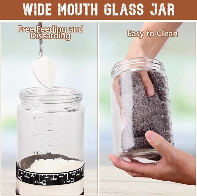40oz Large Sourdough Starter Jar Glass Kit Wide Mouth with Silicone Bread Proofing Basket & Spatula, Aluminum Lid, Cloth Cover, Date Marked Band, Thermometer