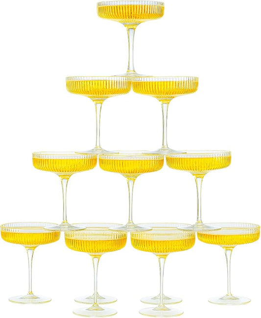 Khen Crystal Glass Ribbed Vintage Art Deco Coupe - 8oz. Set of 12 Crystal Glasses - Weddings & Parties, Champagne Tower, Hosting Essentials, Champagne & Cocktail Goblet Stemmed Ripple Coupes Glassware
