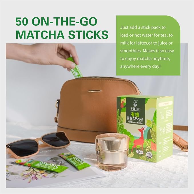 WT WEETEE Organic Matcha Green Tea Powder To-Go Travel Sticks, Organic Unsweetened Matcha Powder 50 Count (2g Each), Highly Caffeinated Energy-Boosting