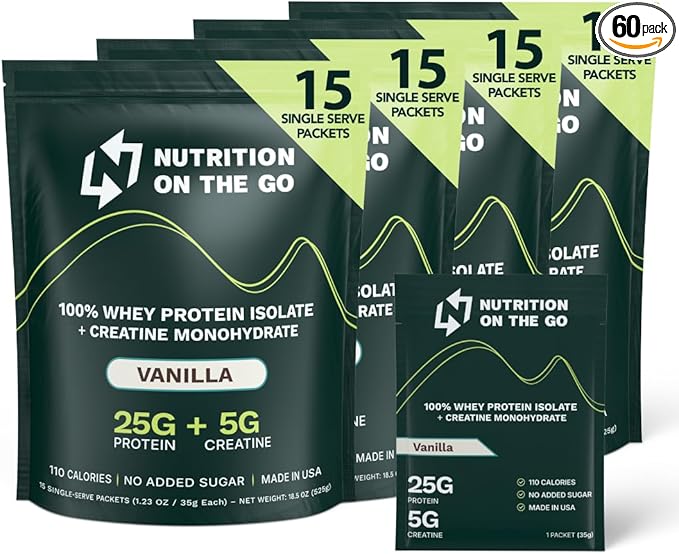 Travel Whey Protein Isolate Packets ??Single-Serve Protein Powder ??25g Protein + 5g Creatine ??Vanilla (60-Pack)