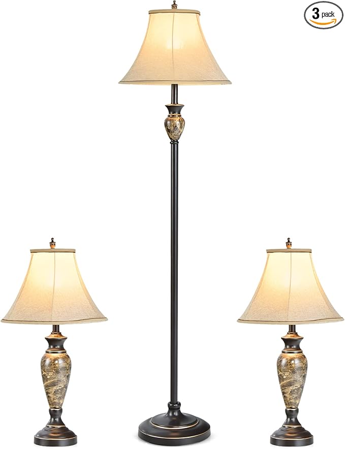 Tangkula Table and Floor Lamp Set, 3-Piece Traditional Style Lamp Set with Linen Fabric Lamp Shades and Weighted Bases for Living Room, Bedroom, 29” and 61” (H)
