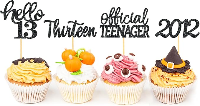 24Pcs Glitter 13th Birthday Cupcake Toppers, Hello 13th Birthday Cake Topper- 13th Birthday Decorations for Celebrating Official Teenager Thirteen Years Old Birthday Party Supplies (Black)
