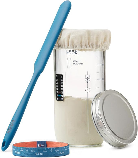 Sourdough Starter Kit, by Kook, Sourdough Starter Jar, Sourdough Bread Baking Supplies, Date Marked Feeding Band, Metal Cap, Thermometer, Silicone Spatula Scraper, Cloth Cover, 24 oz