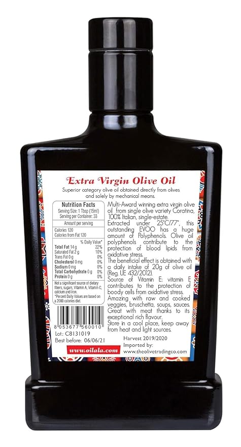 Oilala Extra Virgin Olive Oil, Robust Flavor, High Polyphenols, 707 mg/kg London IOOC Gold Medal! filtered, ,Italian Family Farm Puglia, Italy, Coratina, 2024/25 Harvest, Polyphenol rich, 500ml (16.9 FL Oz)