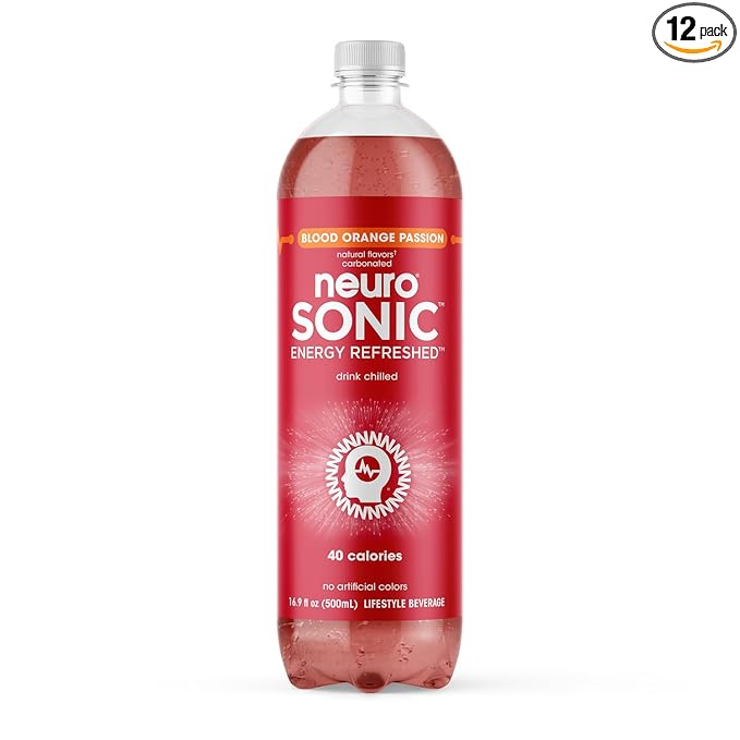 neuroSONIC | Blood Orange Passion | Functional Beverage for Focused Energy, Lightly Carbonated, Vegan & Low Sugar; 16.9 Fl Oz (Pack of 12)